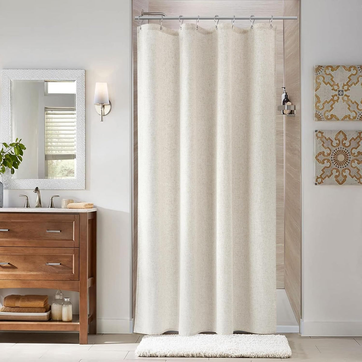 Linen Shower Curtain 72 Inch Long for Bathroom Beige 1 Panel - Colors B