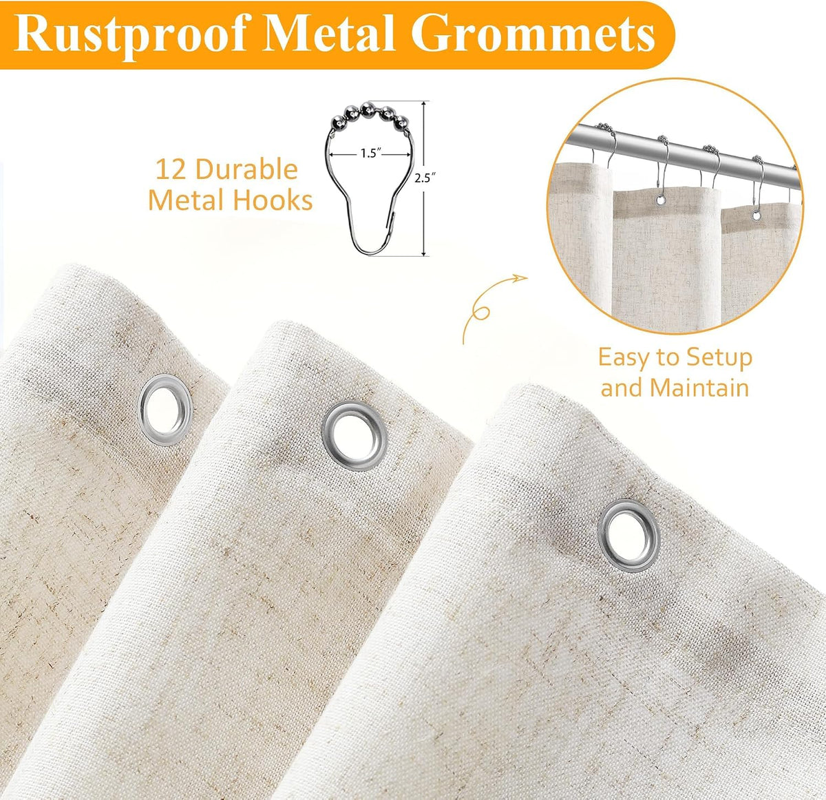 Linen Shower Curtain 72 Inch Long for Bathroom Beige 1 Panel - Colors B
