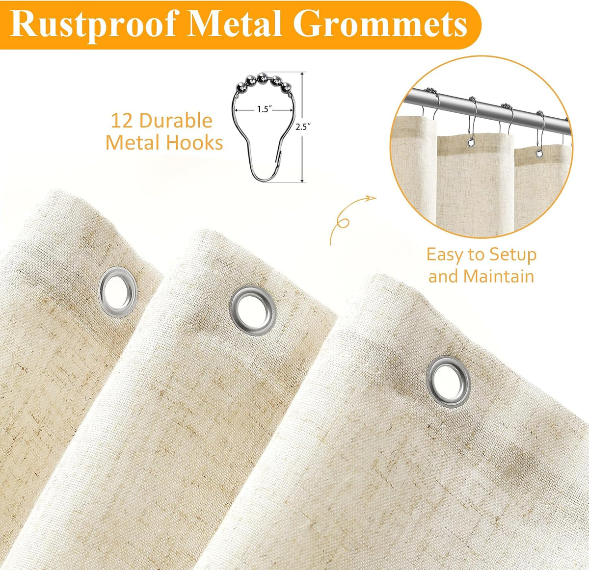 Linen Shower Curtain 72 Inch Long for Bathroom Beige 1 Panel - Colors B