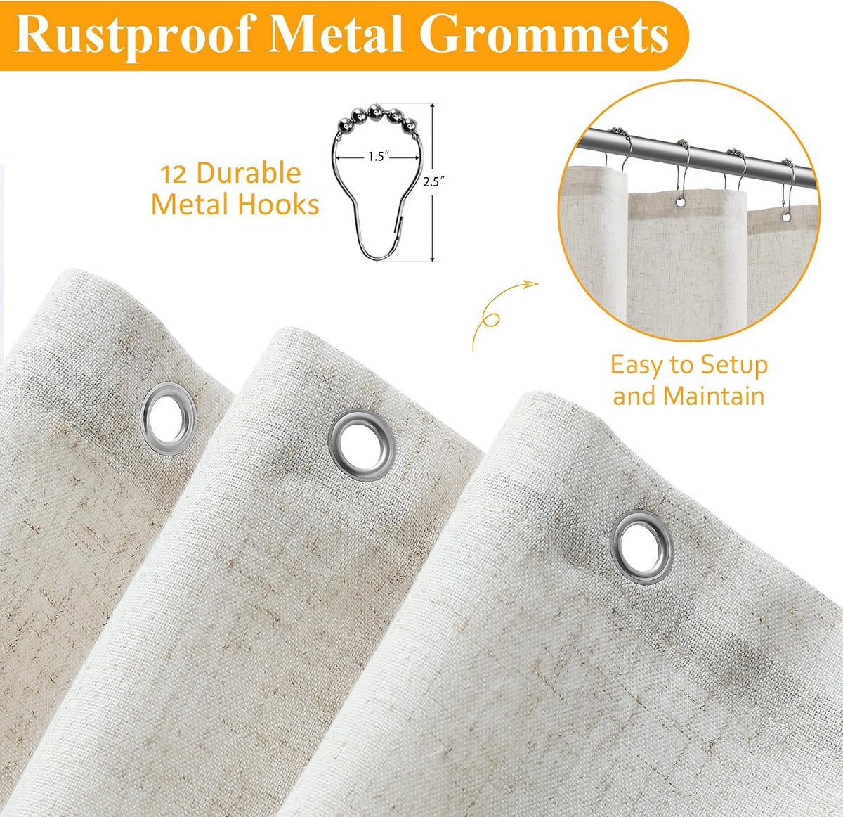 Linen Shower Curtain 72 Inch Long for Bathroom Beige 1 Panel - Colors B