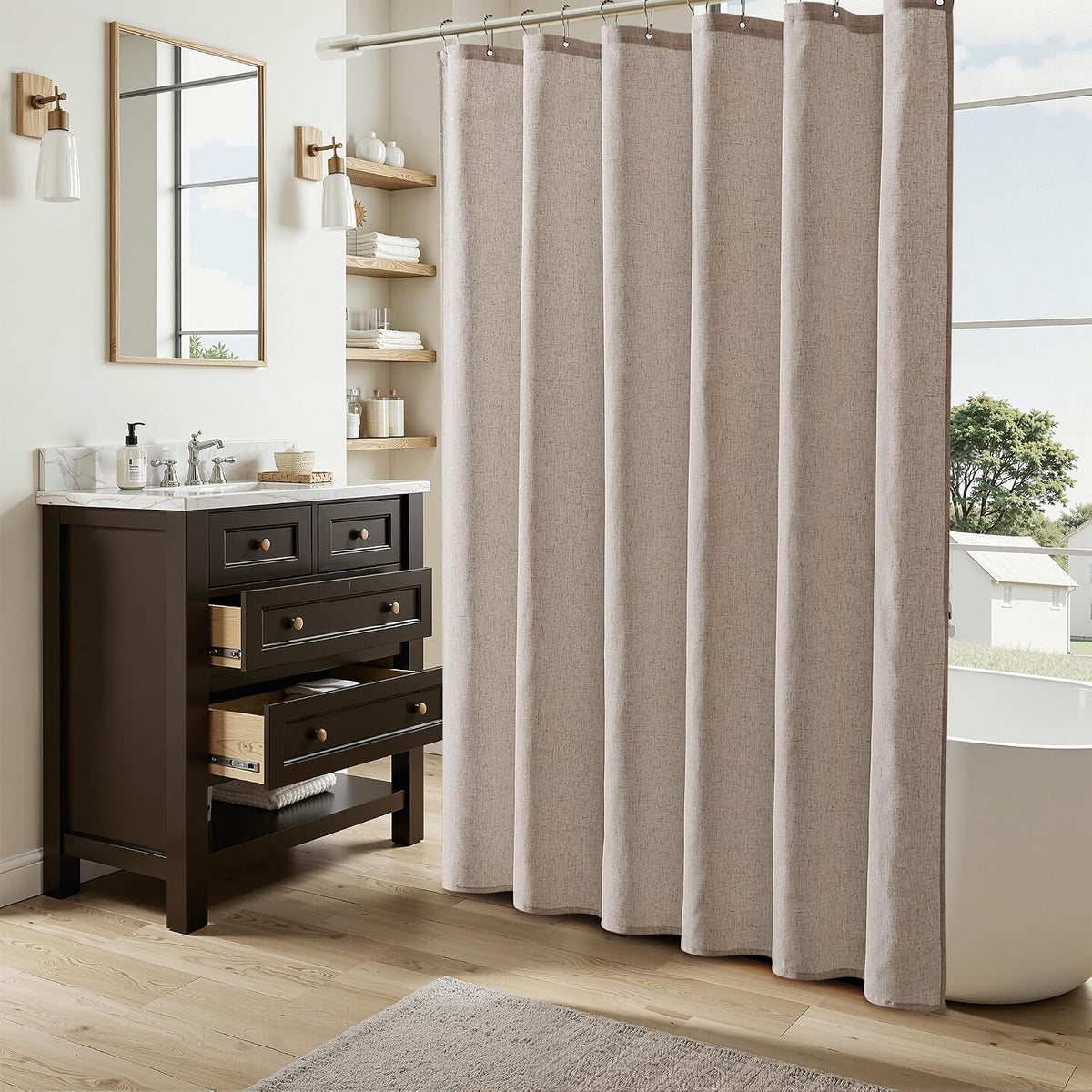 Linen Shower Curtain 72 Inch Long for Bathroom Beige 1 Panel - Colors B