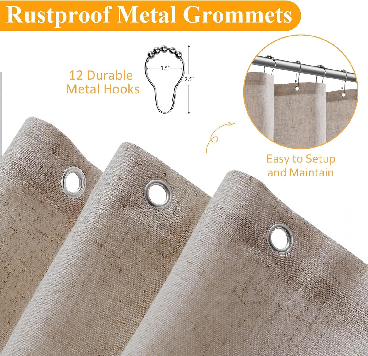 Linen Shower Curtain 72 Inch Long for Bathroom Beige 1 Panel - Colors B