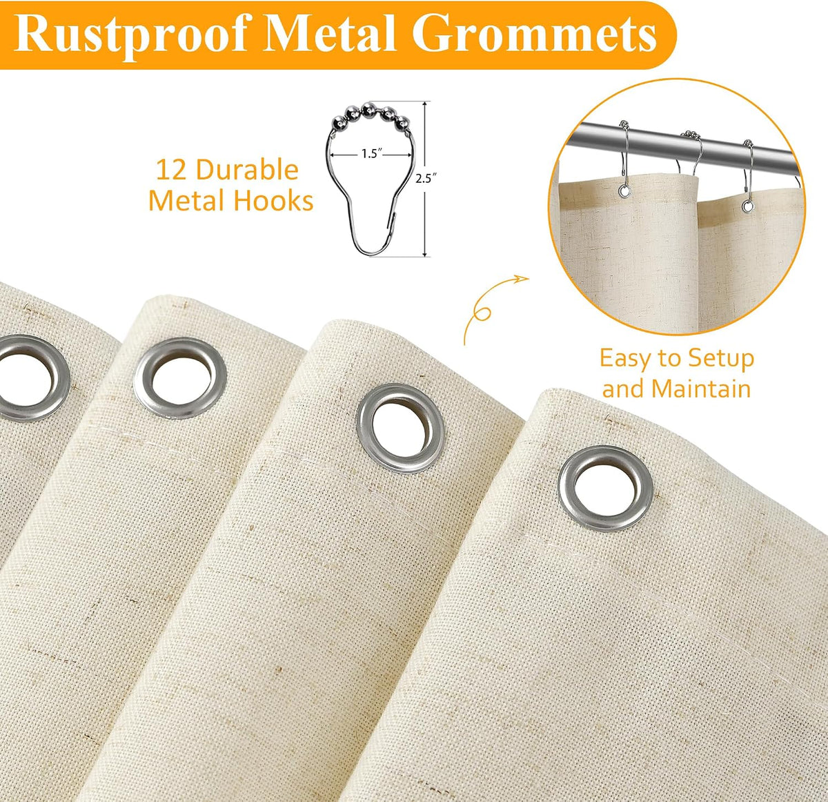 Linen Shower Curtain 72 Inch Long for Bathroom Beige 1 Panel - Colors B