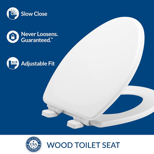 Linden Slow Close Toilet Seat, Non Slip Heavy Duty Wood, Easy Install, Elongated, White