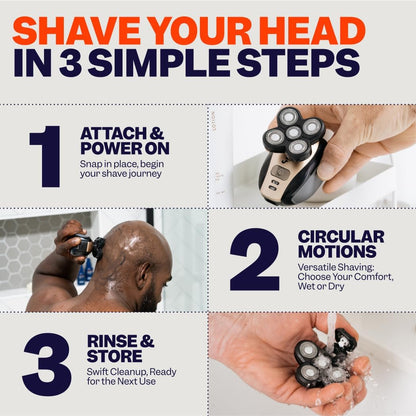 FlexSeries Electric Head & Body Hair Shaver - Mens Cordless Rechargeable Wet/Dry Skull Bald Head Back & Groin Waterproof Razor with Rotary Blades, Clippers, Nose Trimmer, Brush, Massager