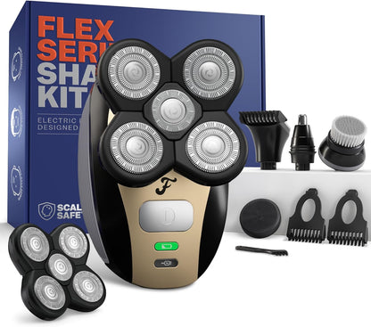 FlexSeries Electric Head & Body Hair Shaver - Mens Cordless Rechargeable Wet/Dry Skull Bald Head Back & Groin Waterproof Razor with Rotary Blades, Clippers, Nose Trimmer, Brush, Massager