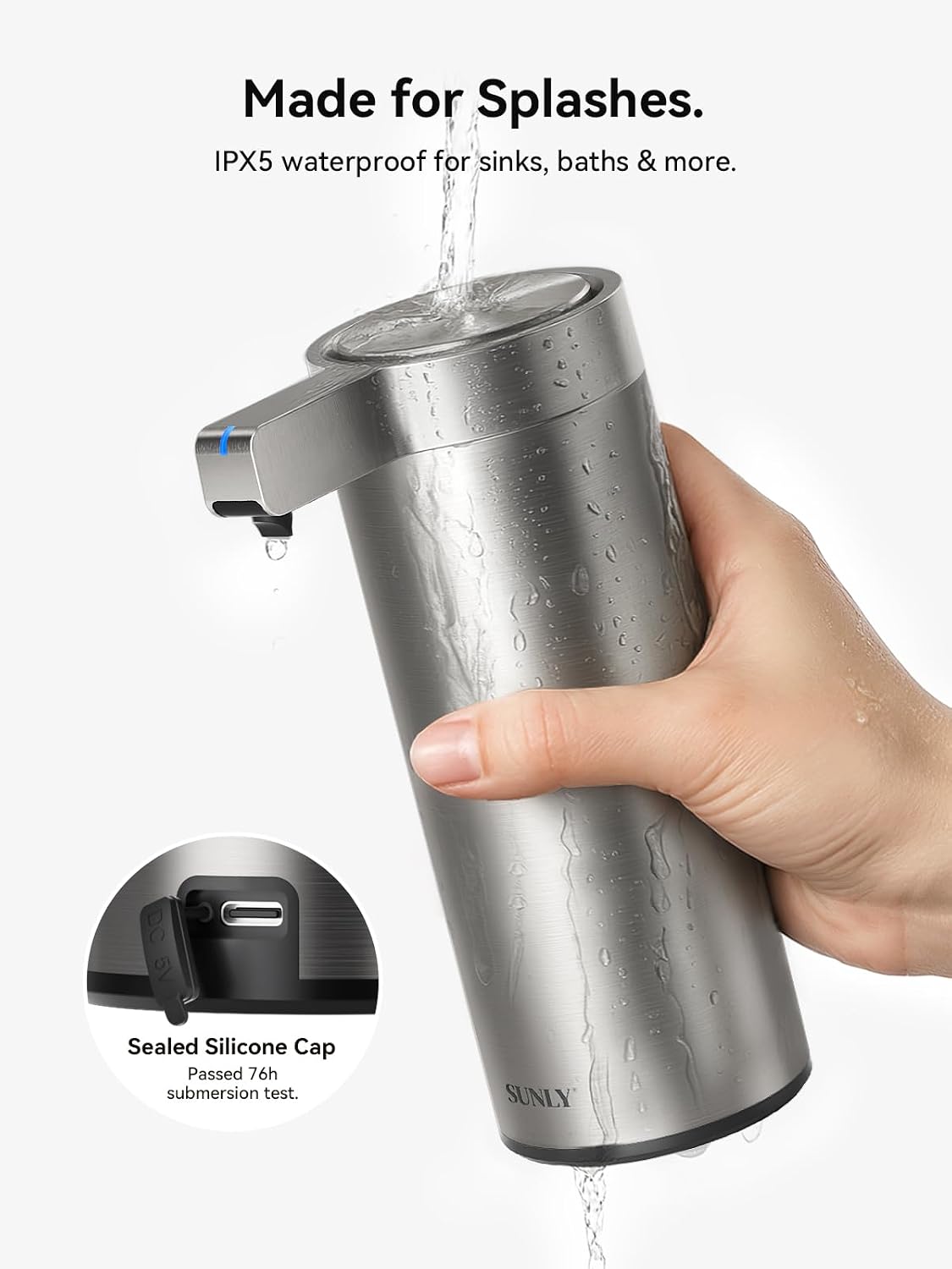 SUNLY Touchless Automatic Soap Dispenser – Clog-Free Pump, 0.2s Fast Sensor, USB-C Rechargeable, Smudge-Resistant Stainless Steel, for Kitchen & Bathroom Soap Dispenser