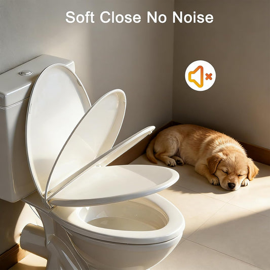 Toilet Seat Round Soft Close16.5'', Toilet Lid Slow Close Quiet No Slam, Easy Installation & Release，Safe PP Material Easy Clean, Comfortable Ergonomic Design, 2 Years Support, White Plastic