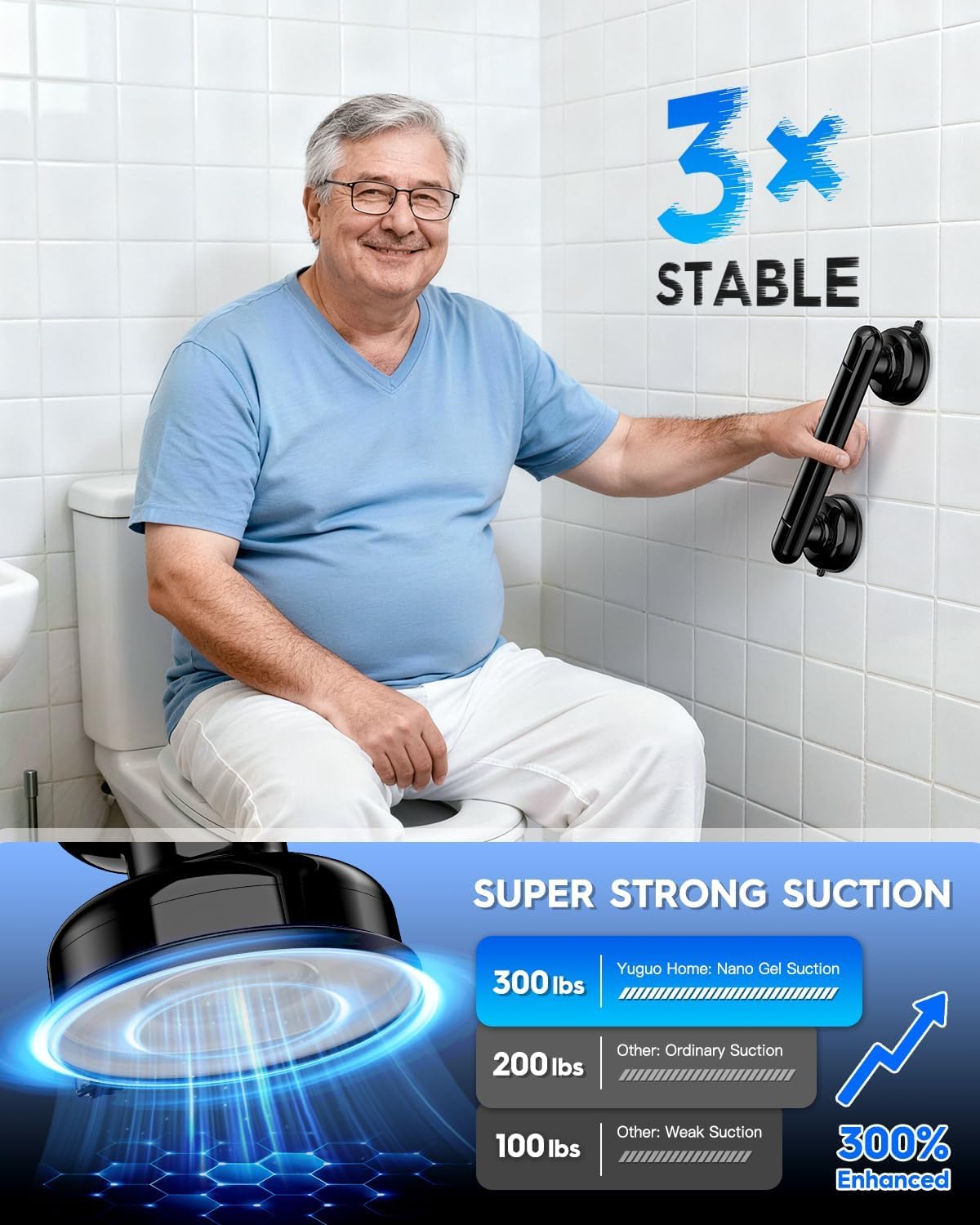Upgraded 2-Pack Grab Bars for Shower Bathroom Wall, Heavy-Duty Suction Grab Bars Shower Handle Safety for Elderly Seniors Handicap, No Drilling Tool-Free, Easy Removal and Reusable (Black)