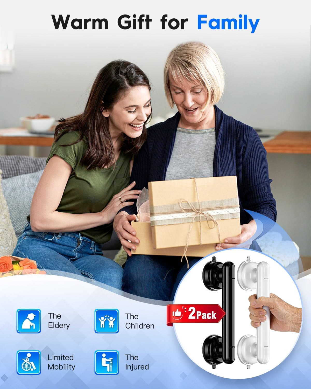 Upgraded 2-Pack Grab Bars for Shower Bathroom Wall, Heavy-Duty Suction Grab Bars Shower Handle Safety for Elderly Seniors Handicap, No Drilling Tool-Free, Easy Removal and Reusable (Black)