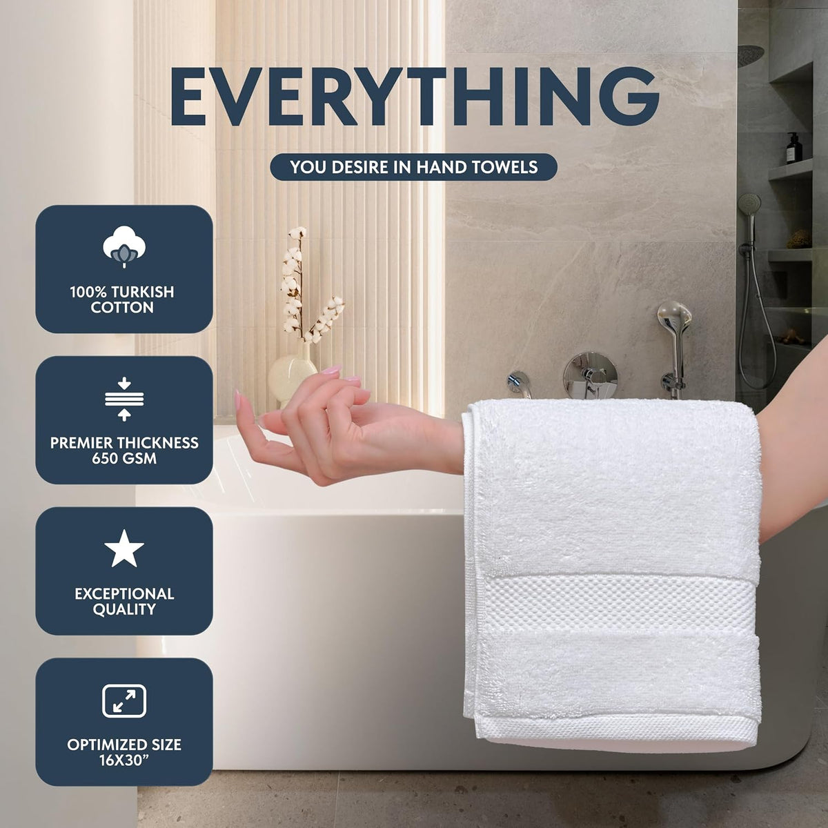 Luxury White Hand Towels - 100% Turkish Cotton, 16x30, 6 Pack