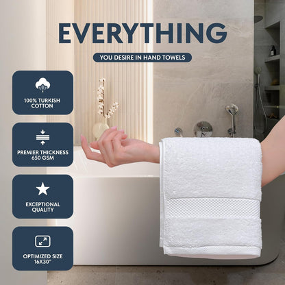 Luxury White Hand Towels - 100% Turkish Cotton, 16x30, 6 Pack