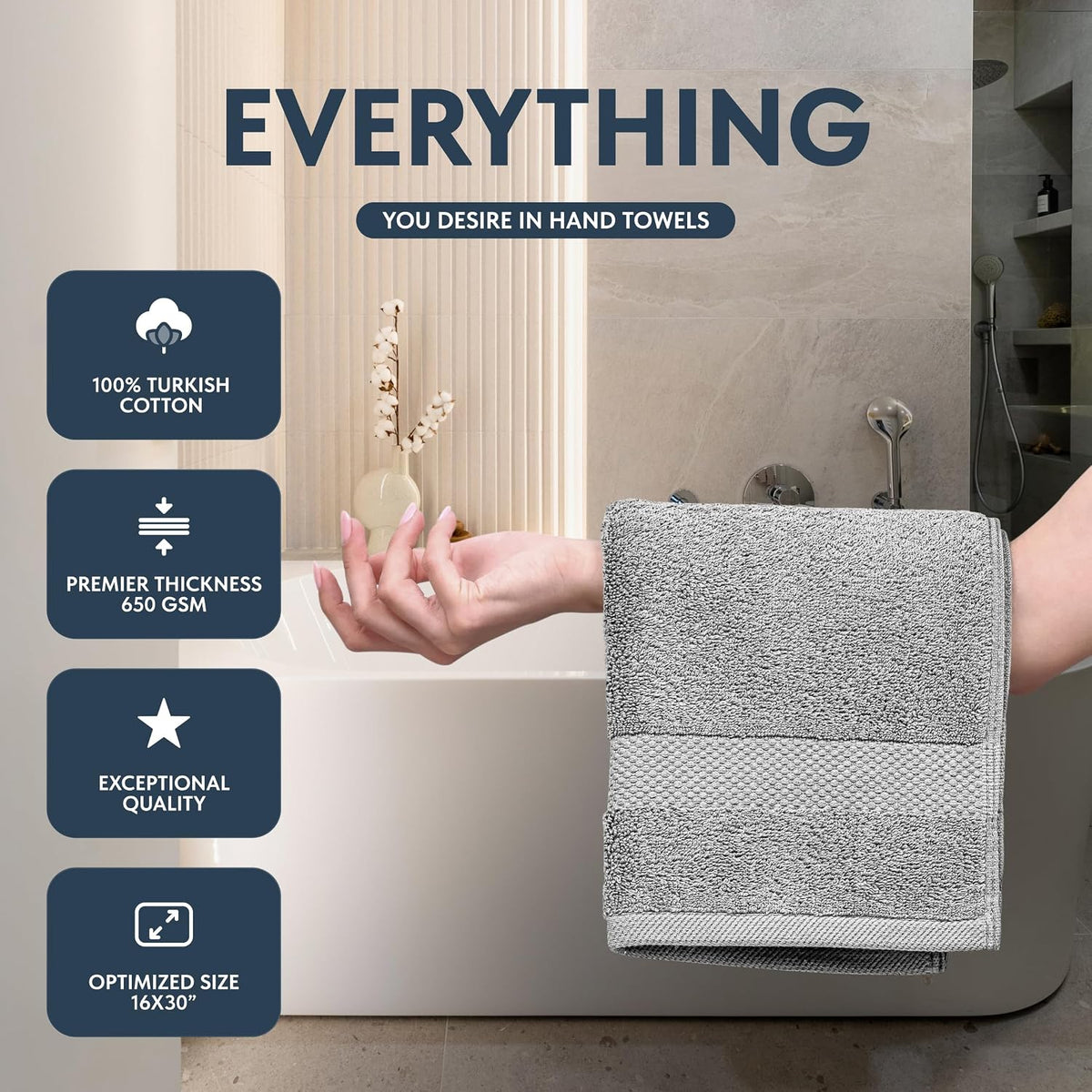 Luxury White Hand Towels - 100% Turkish Cotton, 16x30, 6 Pack