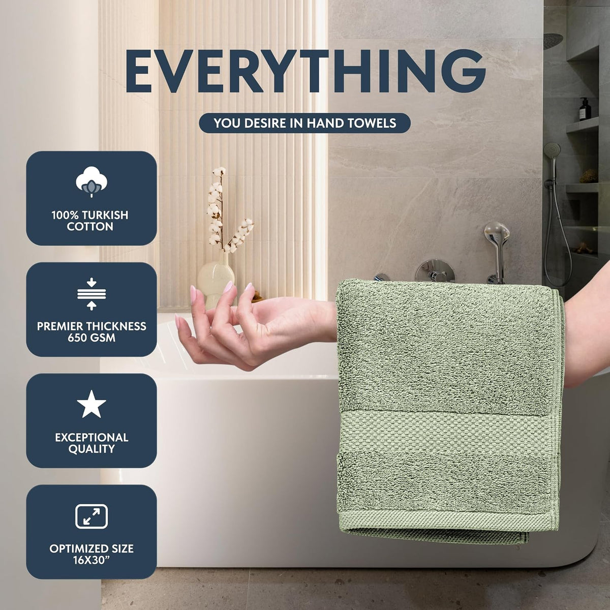 Luxury White Hand Towels - 100% Turkish Cotton, 16x30, 6 Pack