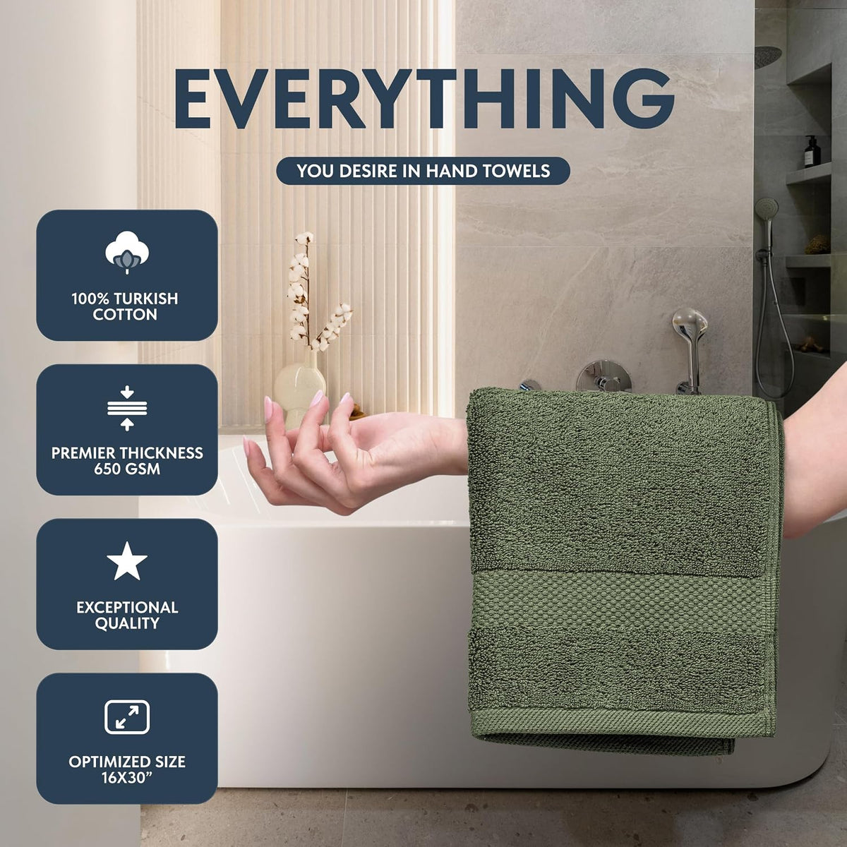 Luxury White Hand Towels - 100% Turkish Cotton, 16x30, 6 Pack