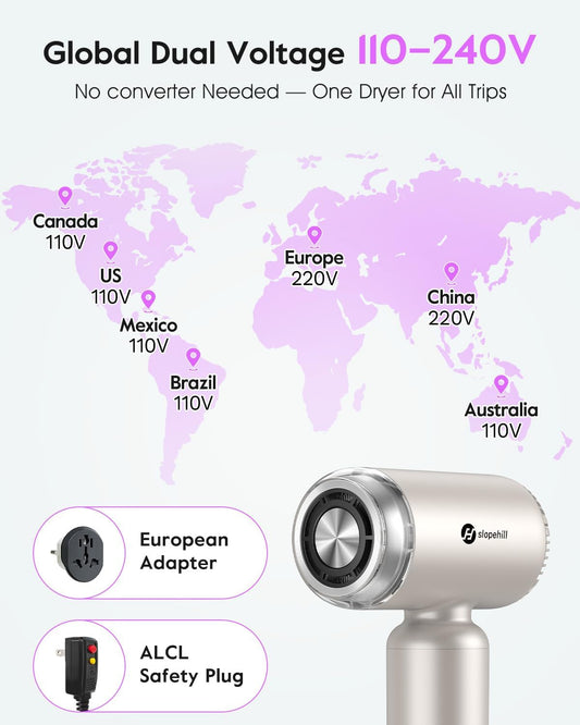 Dual Voltage Travel Ionic High-Speed Hair Dryer | Lightweight Portabe, Professional Fast Drying, Compact Quiet, Magnetic Diffuser for Women, International European 100-240V