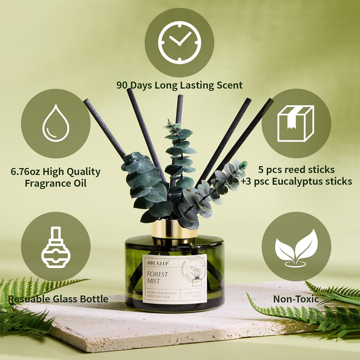 Reed Diffuser Set with 6.76 fl oz Forest Mist Scent Essential Oils and 3 Leaves & 8 Diffuser Sticks,Bathroom Shelf Decor & Air Freshener, House Bedroom Office Decor & Gifts