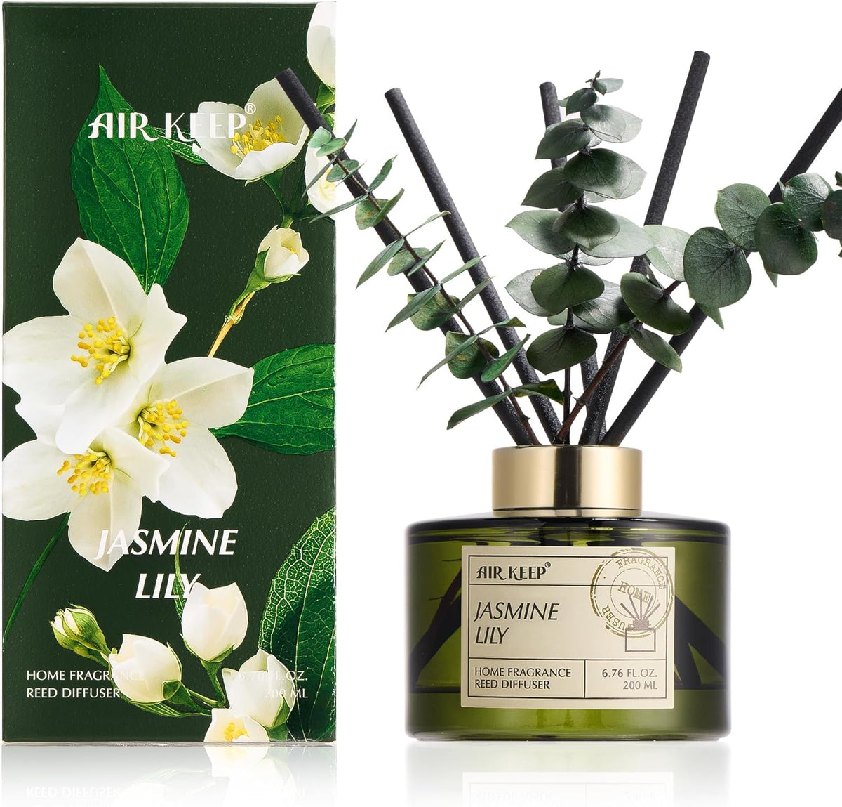 Reed Diffuser Set with 6.76 fl oz Forest Mist Scent Essential Oils and 3 Leaves & 8 Diffuser Sticks,Bathroom Shelf Decor & Air Freshener, House Bedroom Office Decor & Gifts