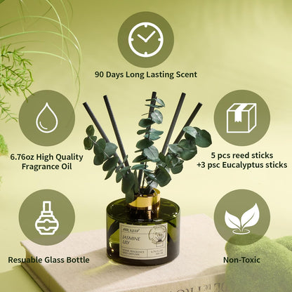 Reed Diffuser Set with 6.76 fl oz Forest Mist Scent Essential Oils and 3 Leaves & 8 Diffuser Sticks,Bathroom Shelf Decor & Air Freshener, House Bedroom Office Decor & Gifts