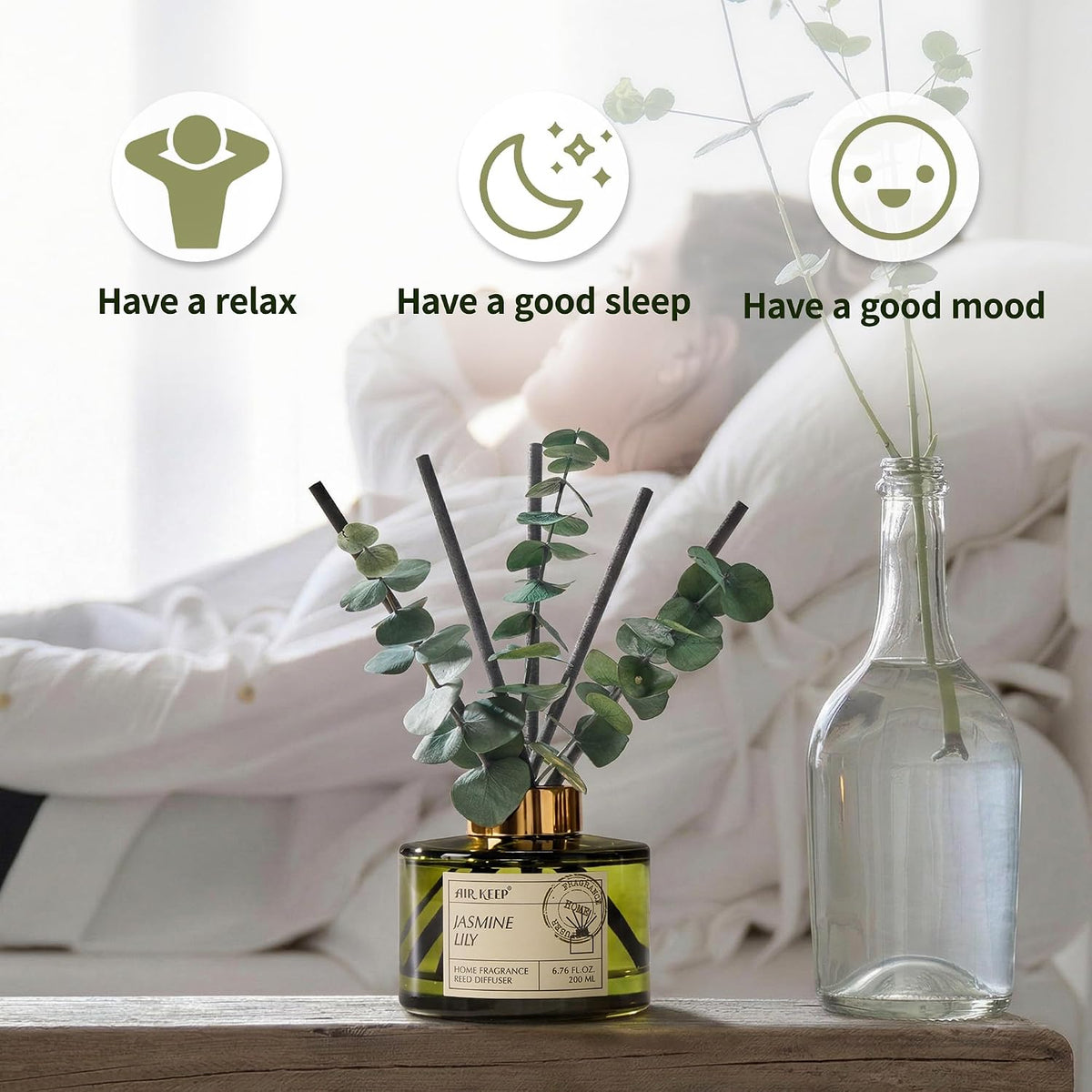 Reed Diffuser Set with 6.76 fl oz Forest Mist Scent Essential Oils and 3 Leaves & 8 Diffuser Sticks,Bathroom Shelf Decor & Air Freshener, House Bedroom Office Decor & Gifts