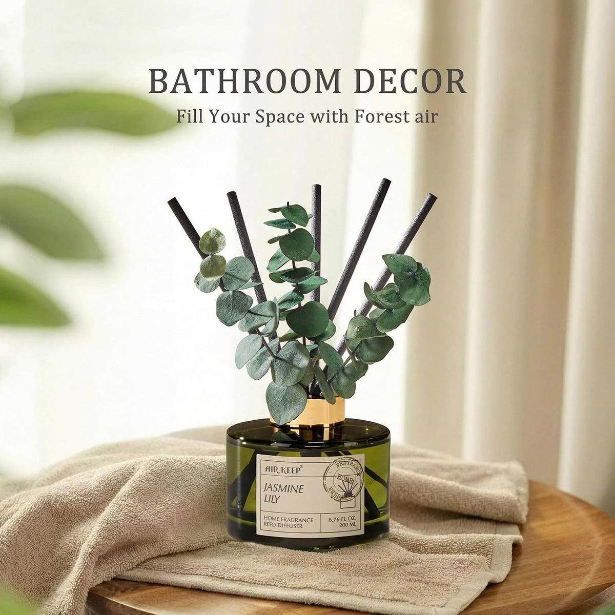 Reed Diffuser Set with 6.76 fl oz Forest Mist Scent Essential Oils and 3 Leaves & 8 Diffuser Sticks,Bathroom Shelf Decor & Air Freshener, House Bedroom Office Decor & Gifts