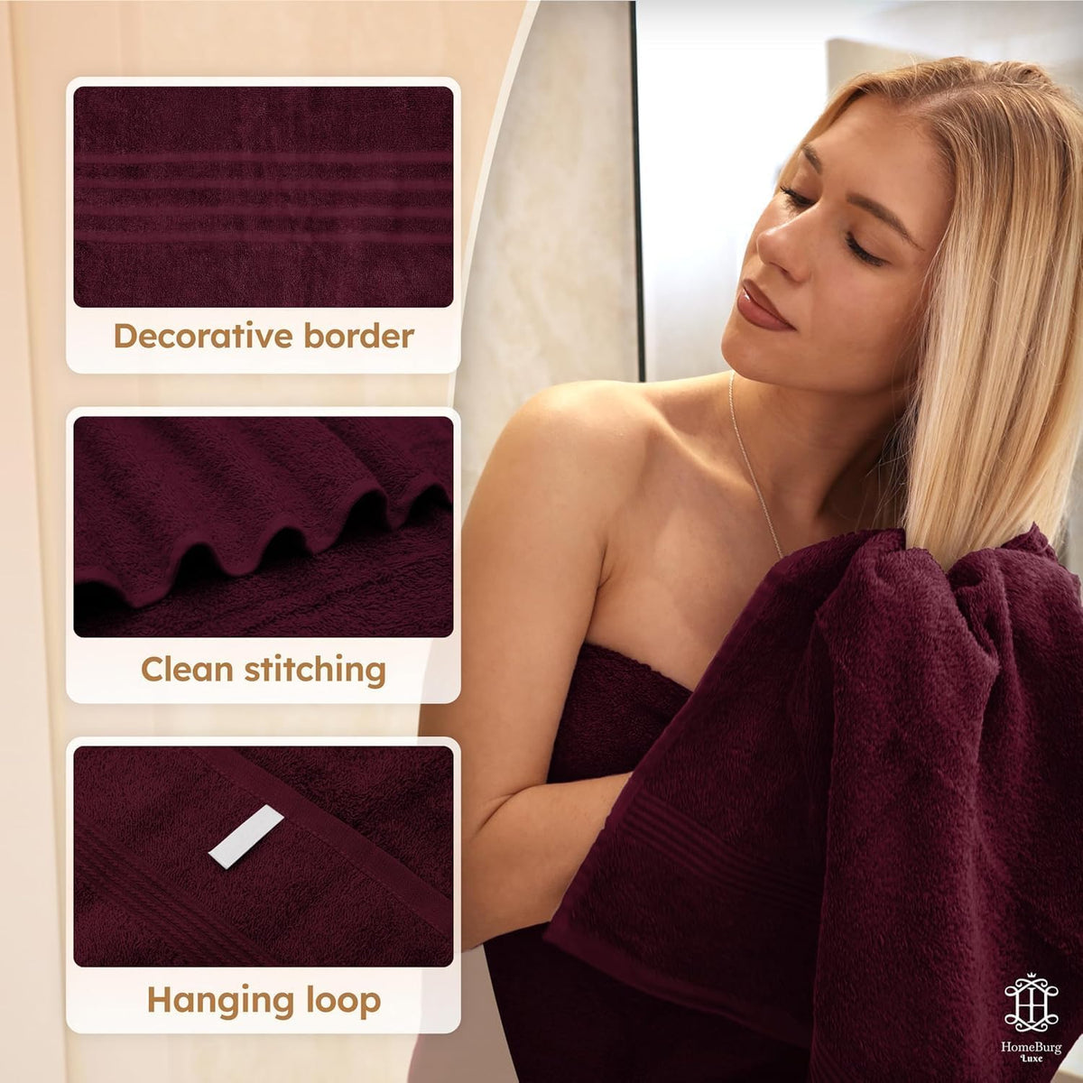 Luxe Set – Washcloths (12 x 12 in), Hand Towels (16 x 28 in) & Bath Towels (27 x 54 in) – 100% Cotton, Soft, Absorbent, Easy Care, Versatile, (Velvet Wine)