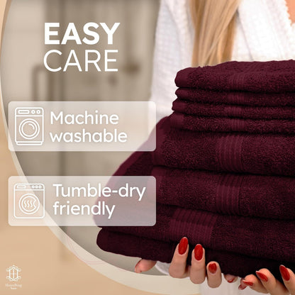 Luxe Set – Washcloths (12 x 12 in), Hand Towels (16 x 28 in) & Bath Towels (27 x 54 in) – 100% Cotton, Soft, Absorbent, Easy Care, Versatile, (Velvet Wine)