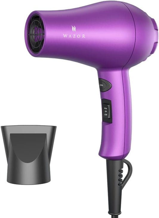 Compact 1000W Blow Dryer for Kids & Pour Painting Mini Travel Hair Dryer for RV, Ionic Lightweight Dryer with Concentrator, Cool Shot Button, Purple