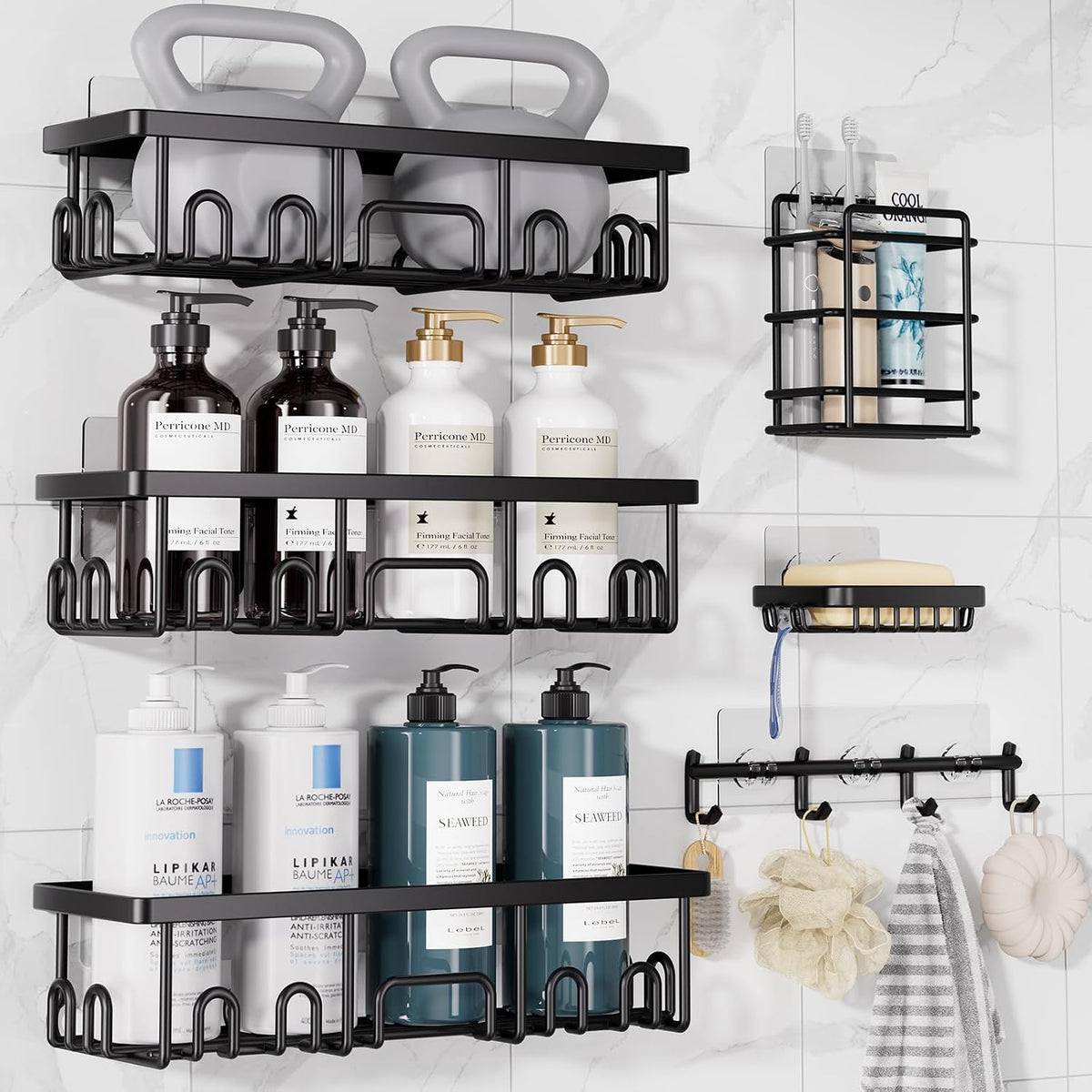 Shower Caddy 6-Pack, Bathroom Organizers and Storage Shelves, Black