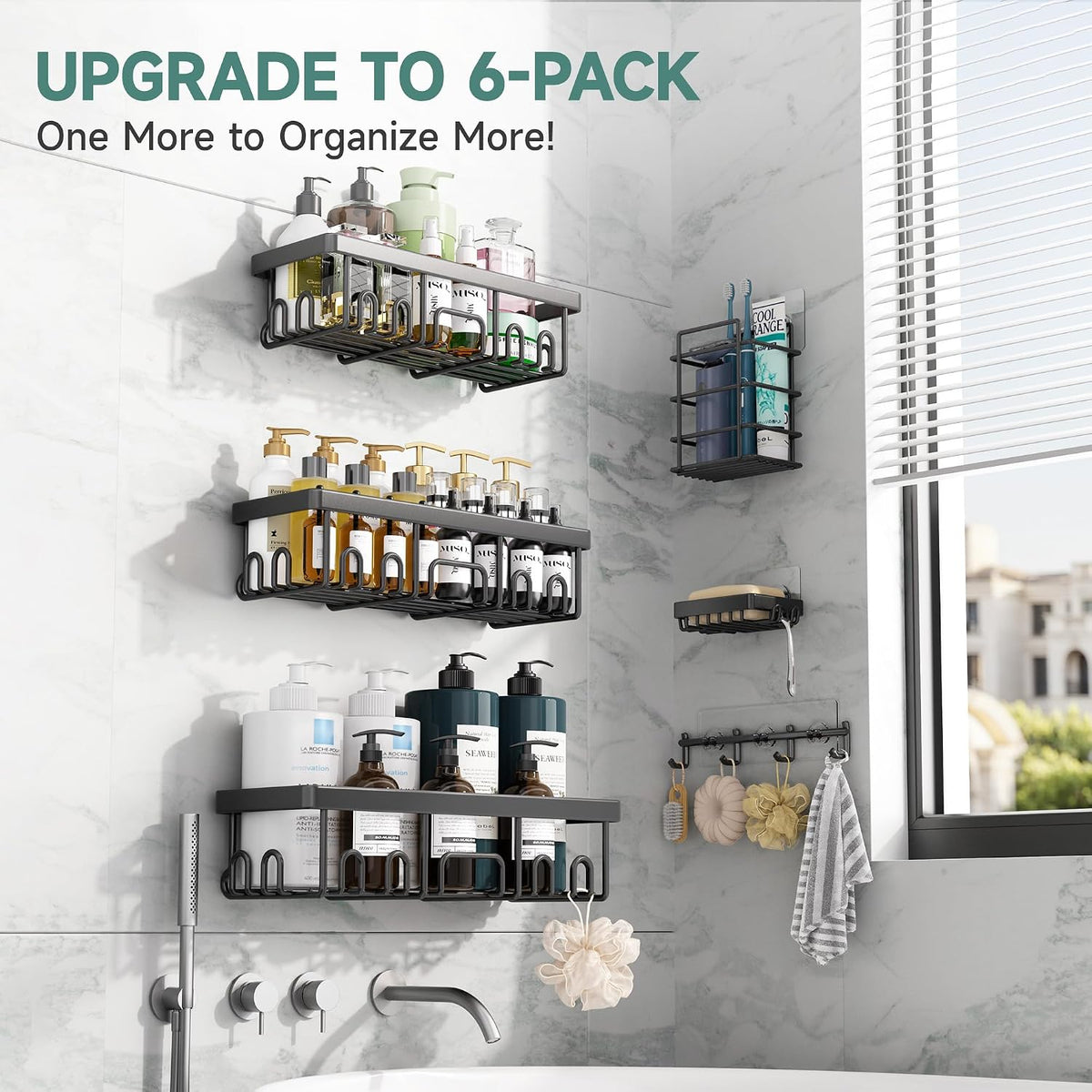 Shower Caddy 6-Pack, Bathroom Organizers and Storage Shelves, Black