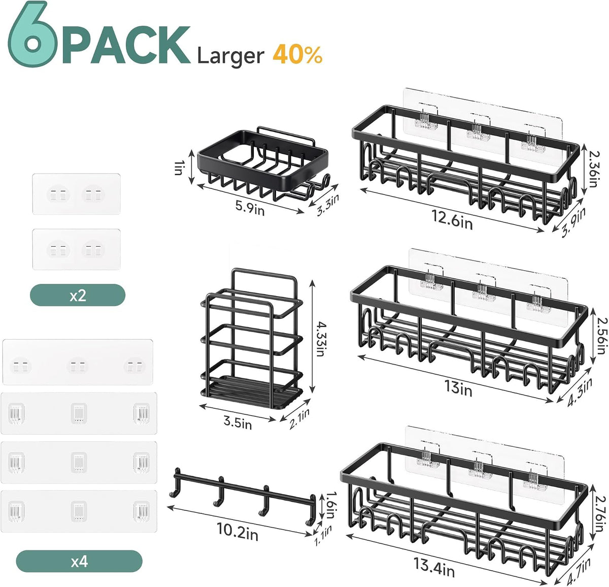 Shower Caddy 6-Pack, Bathroom Organizers and Storage Shelves, Black