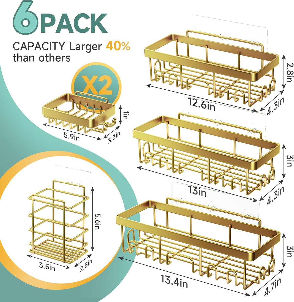 Shower Caddy 6-Pack, Bathroom Organizers and Storage Shelves, Black