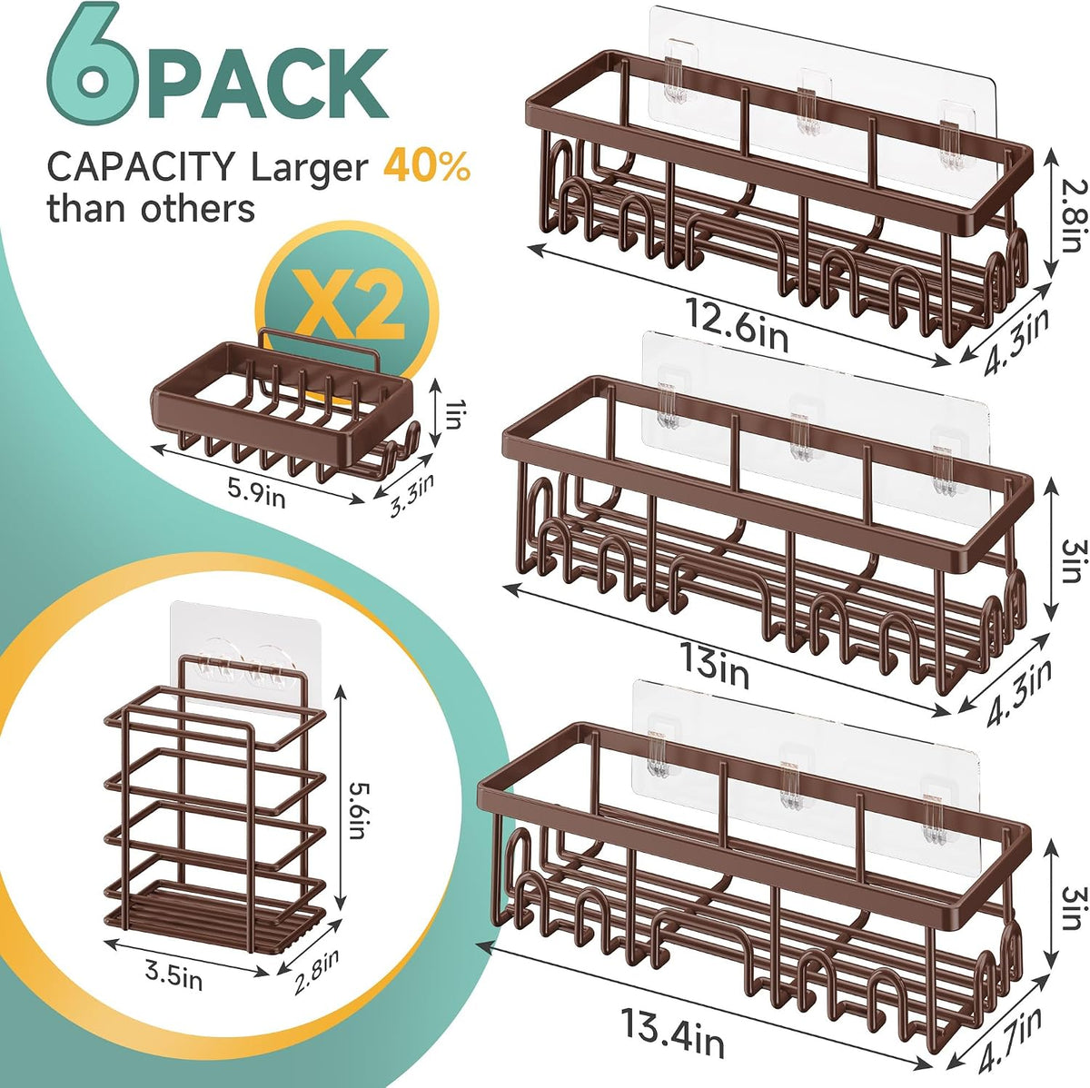 Shower Caddy 6-Pack, Bathroom Organizers and Storage Shelves, Black