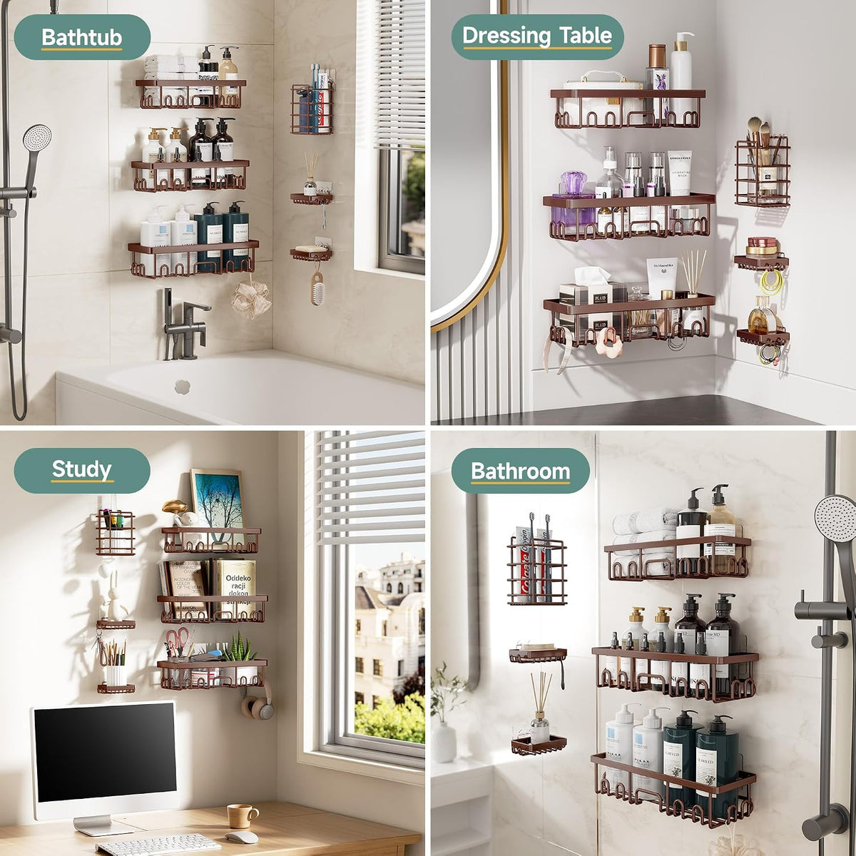 Shower Caddy 6-Pack, Bathroom Organizers and Storage Shelves, Black