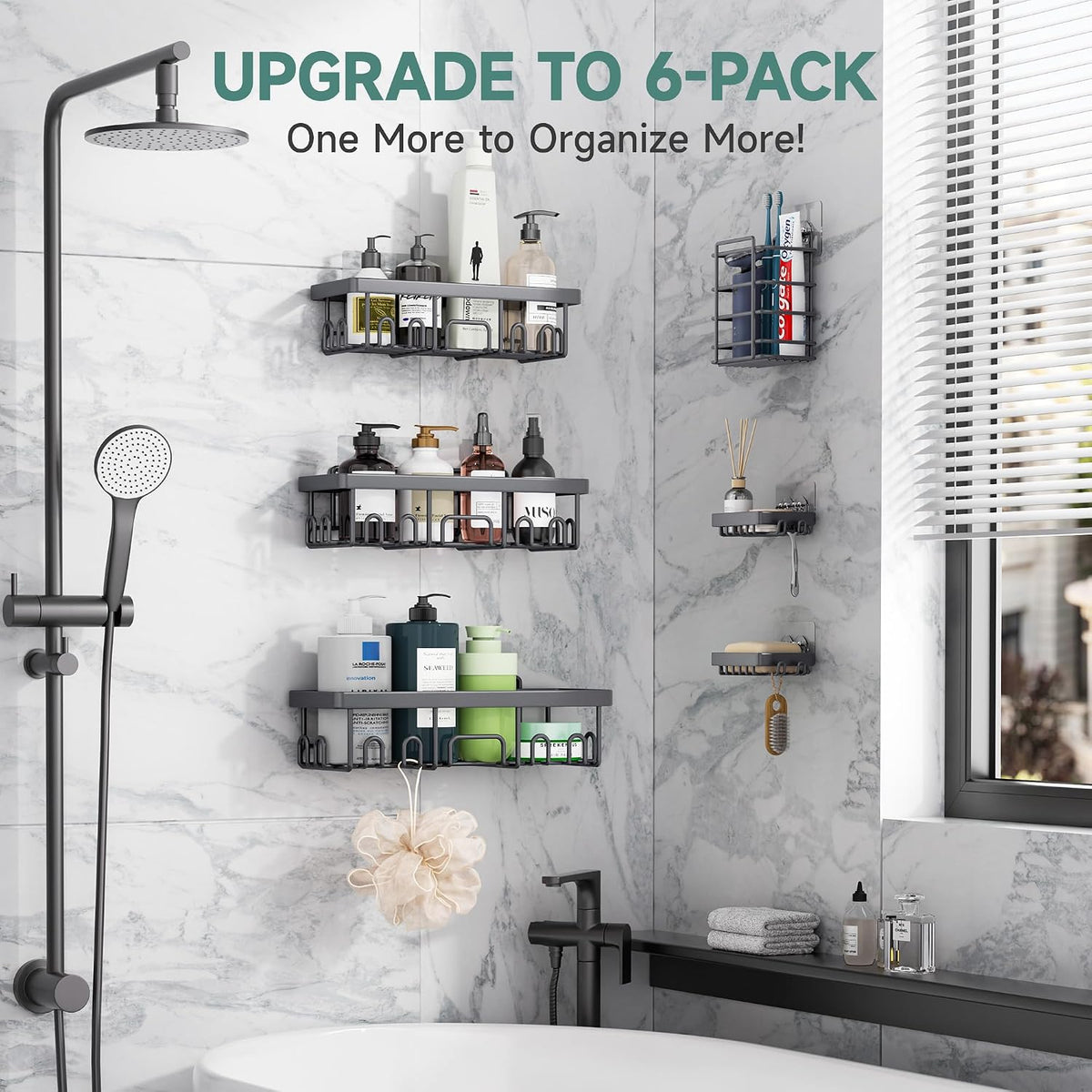 Shower Caddy 6-Pack, Bathroom Organizers and Storage Shelves, Black