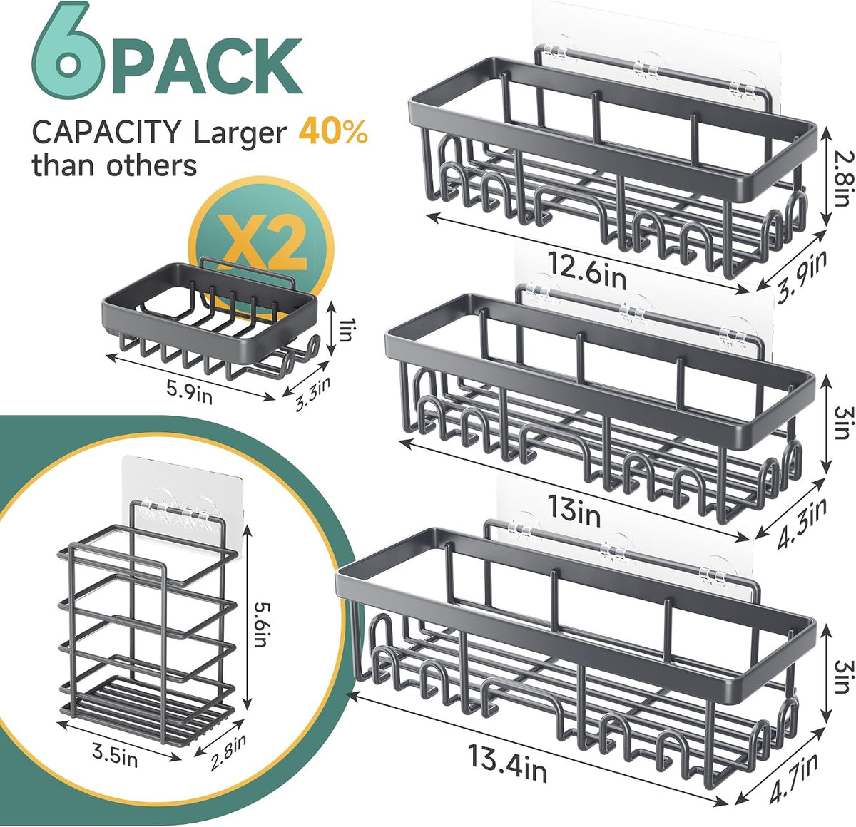 Shower Caddy 6-Pack, Bathroom Organizers and Storage Shelves, Black