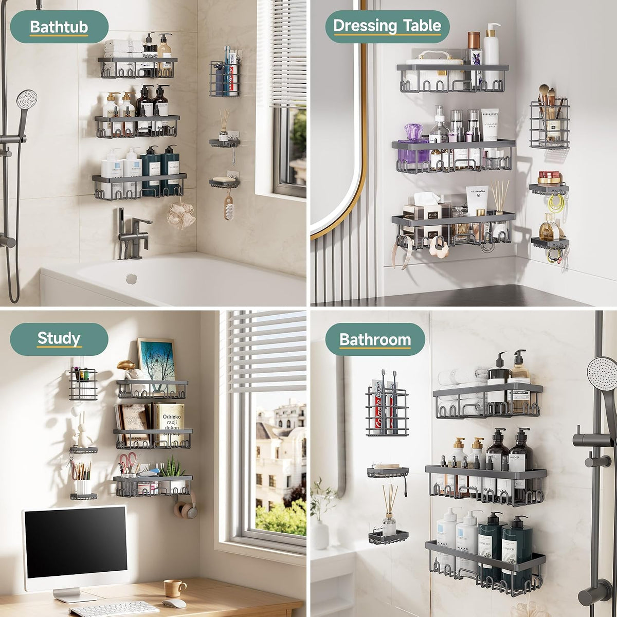 Shower Caddy 6-Pack, Bathroom Organizers and Storage Shelves, Black