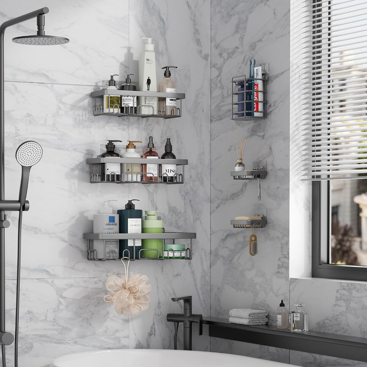 Shower Caddy 6-Pack, Bathroom Organizers and Storage Shelves, Black