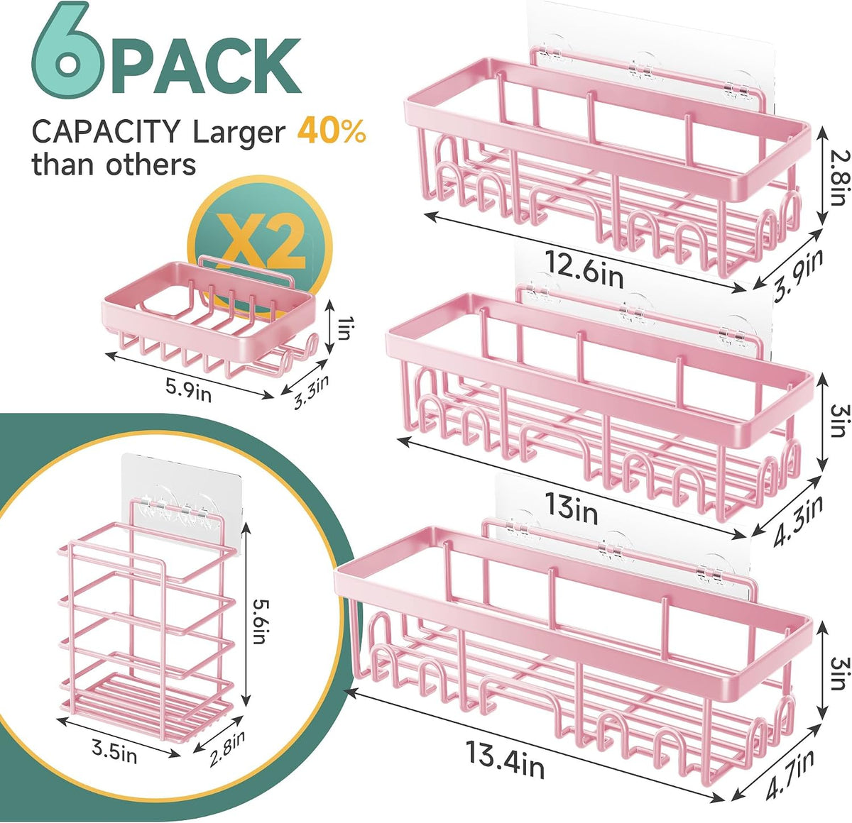 Shower Caddy 6-Pack, Bathroom Organizers and Storage Shelves, Black