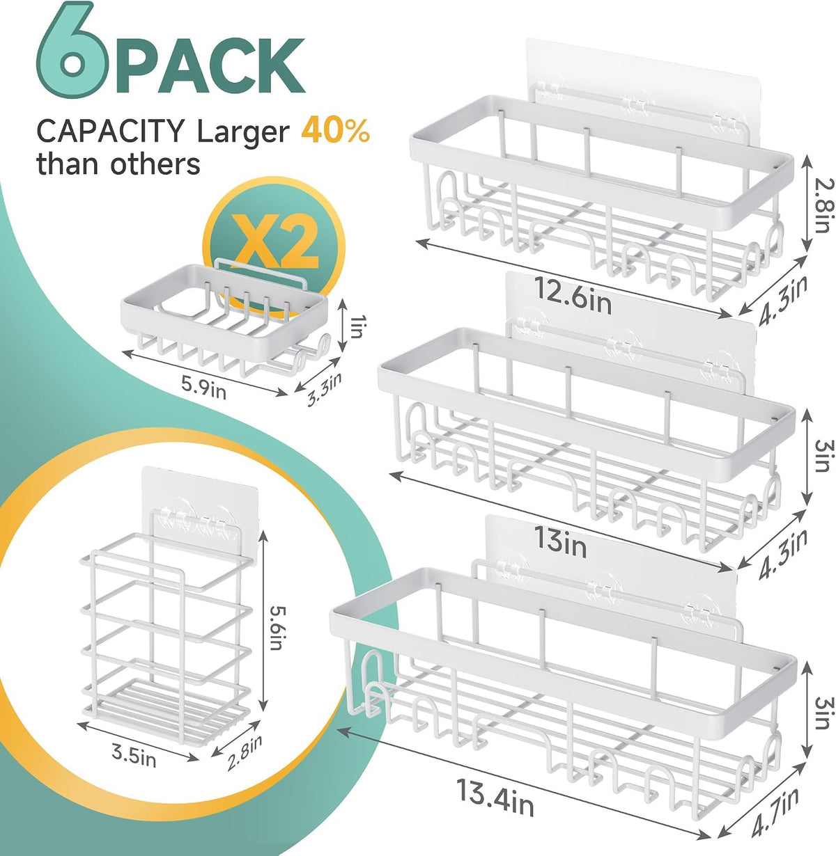 Shower Caddy 6-Pack, Bathroom Organizers and Storage Shelves, Black