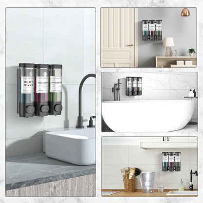 Shampoo and Conditioner Dispenser Shower Dispenser Body Wash Wall Mounted Shampoo Dispenser for Shower Wall No Drill for Bathroom Hotel 2 Chamber x 300ml Black with Waterproof Labels