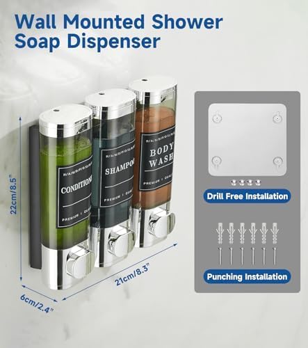 Shampoo and Conditioner Dispenser Shower Dispenser Body Wash Wall Mounted Shampoo Dispenser for Shower Wall No Drill for Bathroom Hotel 2 Chamber x 300ml Black with Waterproof Labels