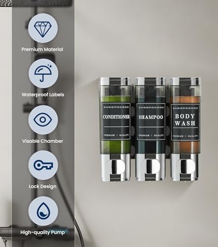 Shampoo and Conditioner Dispenser Shower Dispenser Body Wash Wall Mounted Shampoo Dispenser for Shower Wall No Drill for Bathroom Hotel 2 Chamber x 300ml Black with Waterproof Labels