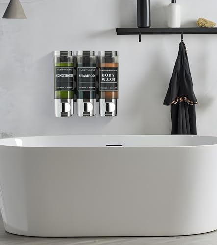Shampoo and Conditioner Dispenser Shower Dispenser Body Wash Wall Mounted Shampoo Dispenser for Shower Wall No Drill for Bathroom Hotel 2 Chamber x 300ml Black with Waterproof Labels