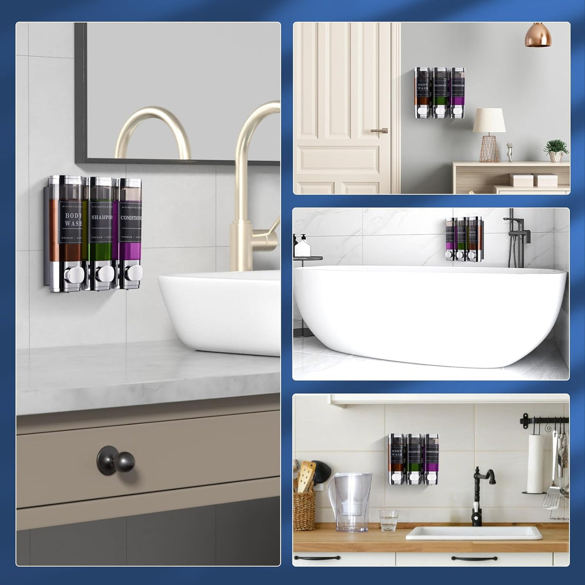 Shampoo and Conditioner Dispenser Shower Dispenser Body Wash Wall Mounted Shampoo Dispenser for Shower Wall No Drill for Bathroom Hotel 2 Chamber x 300ml Black with Waterproof Labels