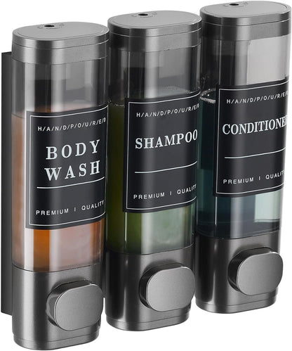 Shampoo and Conditioner Dispenser Shower Dispenser Body Wash Wall Mounted Shampoo Dispenser for Shower Wall No Drill for Bathroom Hotel 2 Chamber x 300ml Black with Waterproof Labels