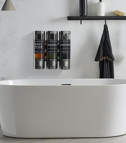 Shampoo and Conditioner Dispenser Shower Dispenser Body Wash Wall Mounted Shampoo Dispenser for Shower Wall No Drill for Bathroom Hotel 2 Chamber x 300ml Black with Waterproof Labels