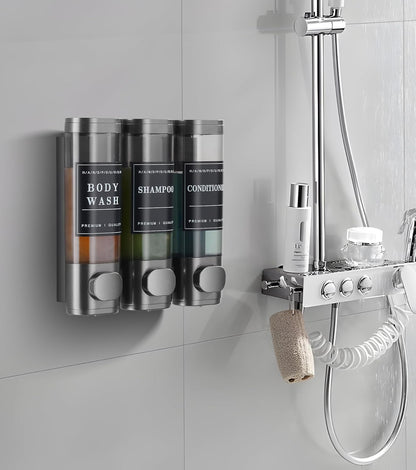 Shampoo and Conditioner Dispenser Shower Dispenser Body Wash Wall Mounted Shampoo Dispenser for Shower Wall No Drill for Bathroom Hotel 2 Chamber x 300ml Black with Waterproof Labels