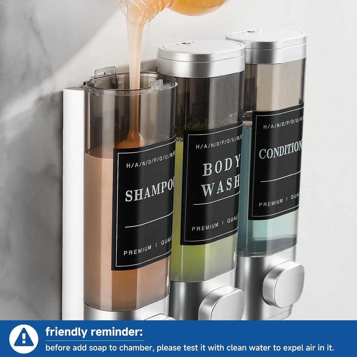 Shampoo and Conditioner Dispenser Shower Dispenser Body Wash Wall Mounted Shampoo Dispenser for Shower Wall No Drill for Bathroom Hotel 2 Chamber x 300ml Black with Waterproof Labels