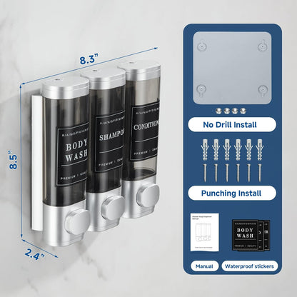 Shampoo and Conditioner Dispenser Shower Dispenser Body Wash Wall Mounted Shampoo Dispenser for Shower Wall No Drill for Bathroom Hotel 2 Chamber x 300ml Black with Waterproof Labels